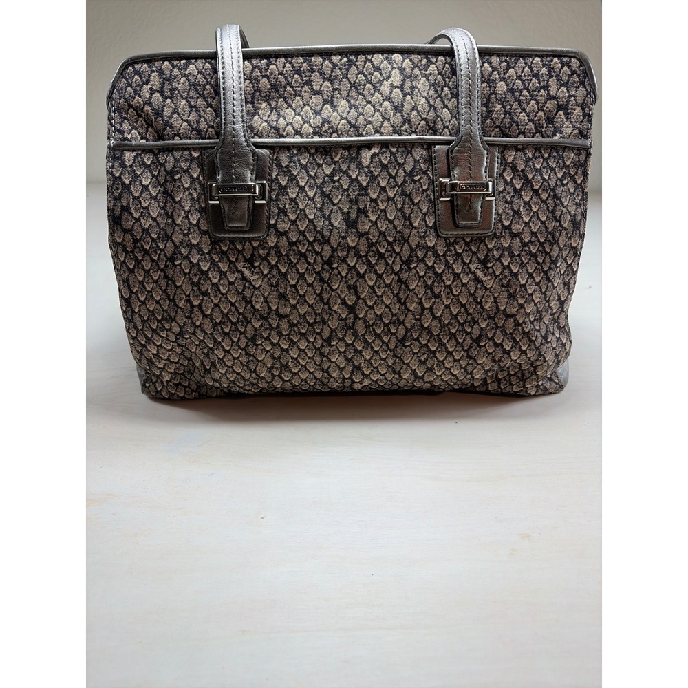 Coach Snakeskin Print Canvas Metallic Leather Trim Shoulder Bag Tote Pewter